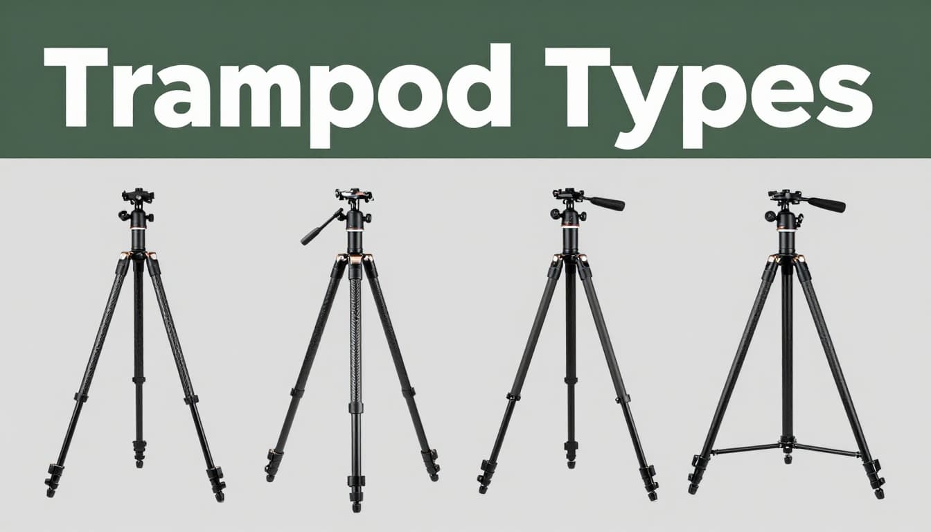 Assortment of four tripods—compact travel carbon fiber, tall studio aluminum, slim monopod, and pro heavy-duty with fluid head—arranged in a grid on a neutral gray background with top-down slight angle composition and bright studio lighting.