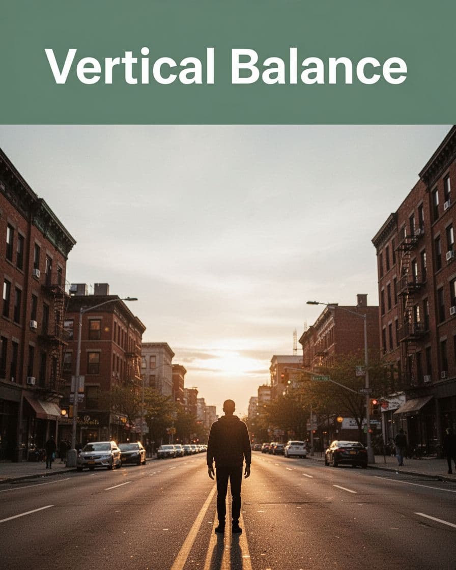 Photo-realistic vertical composition shows a small human figure low in the urban street frame during golden hour, emphasizing dominance with vast sky and subtle leading lines. Bold 'Vertical Balance' headline appears on a muted dark-green band at the top.